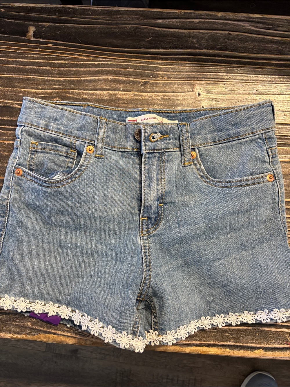 Levi's Light Blue Denim Shorts with White Floral Lace Trim